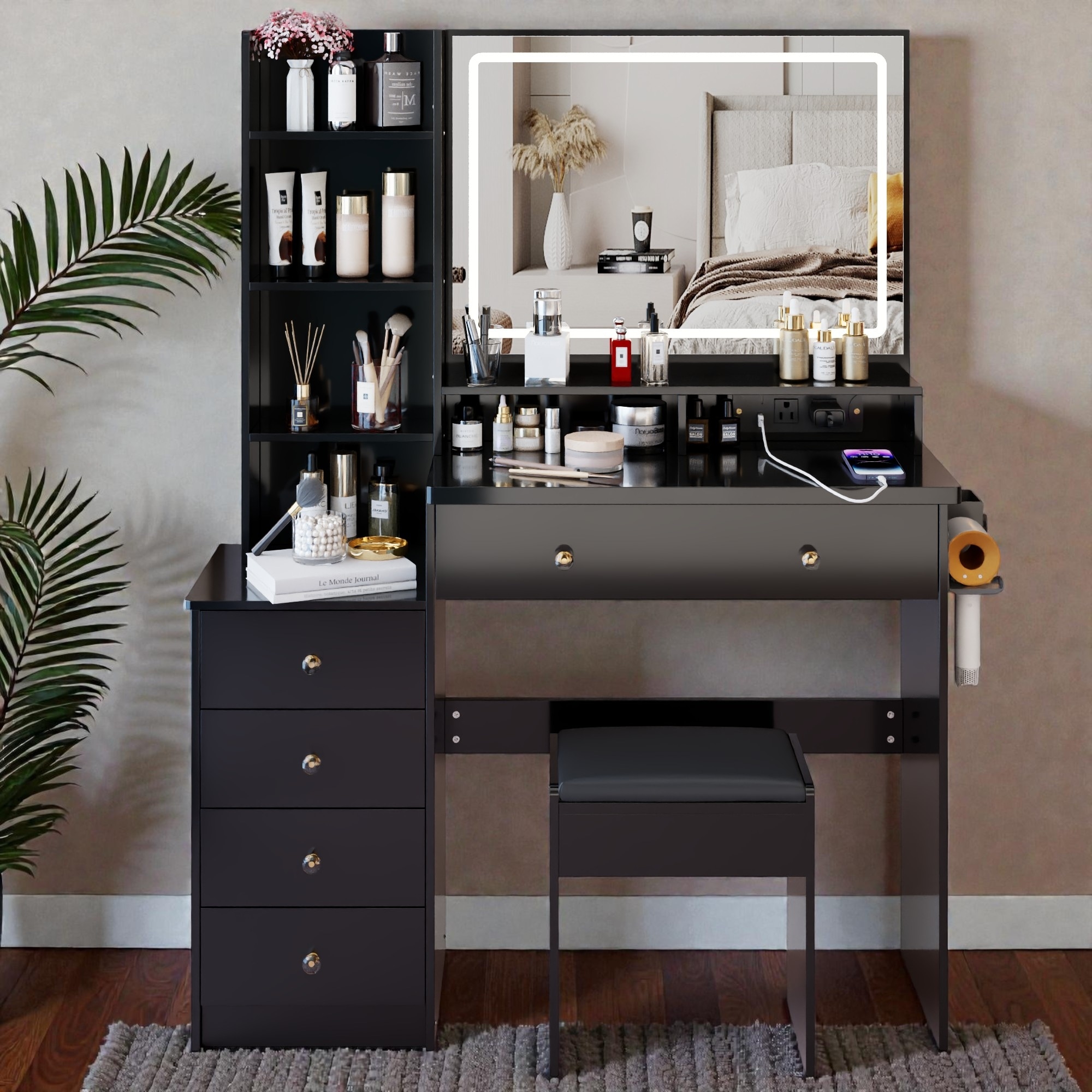 Large Makeup Vanity Desk with Lighted Mirror, Power Outlet and USB Ports, Dressing Table and Padded Stool Set