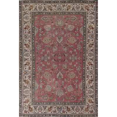 Floral Pink Tabriz Persian Vintage Rug Handmade Wool Carpet - 6'2"x 9'4"