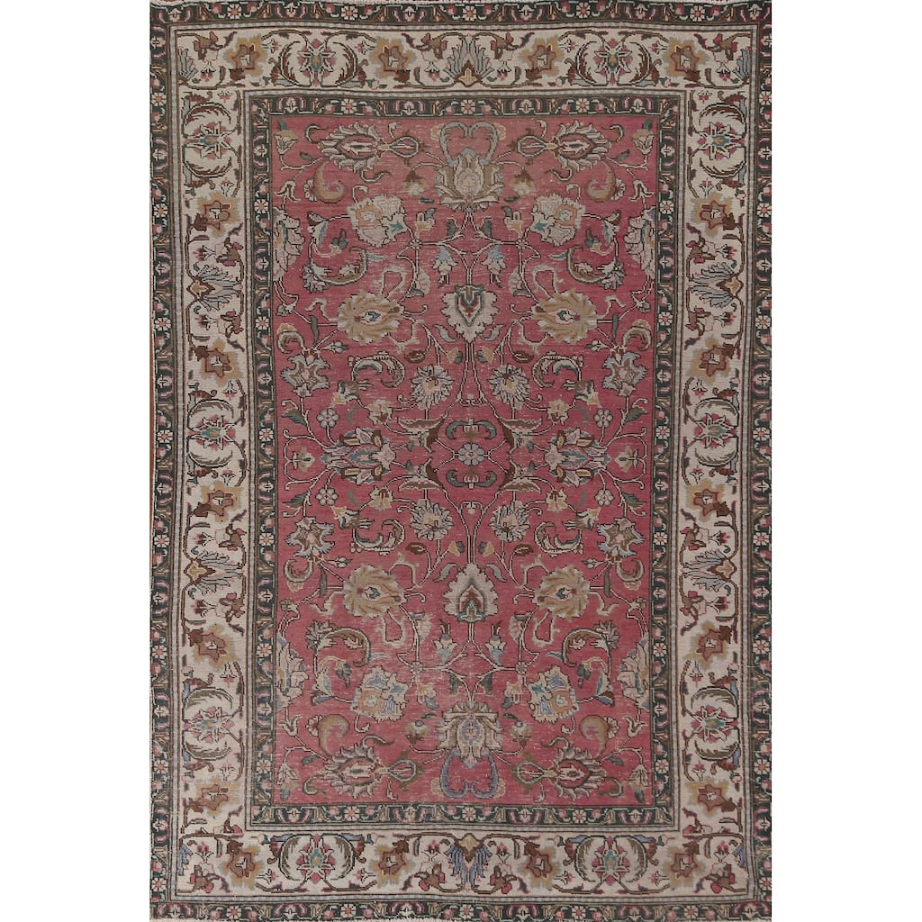 Floral Pink Tabriz Persian Vintage Rug Handmade Wool Carpet - 6'2"x 9'4"