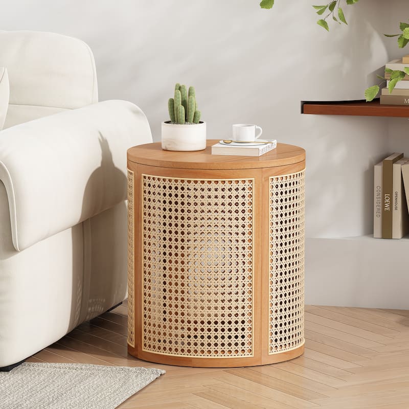 Versatile Natural Wood Side Table with Solid Wood Top and Hollow-out Frame, Storage Table for Living Room Badroom Entryways