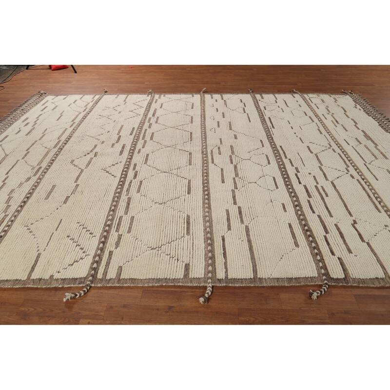 Ivory Moroccan Abstract Area Rug Handmade Wool Carpet - 8'10"x 12'8"