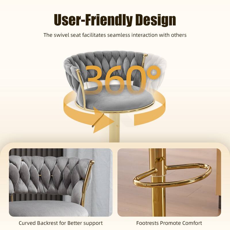HOMEFUN Velvet Adjustable Height Swivel Armless Bar Stools With Golden Footrest(set of 2)