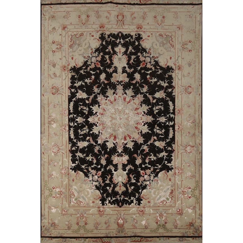 Hand Knotted Oriental Wool & Silk Carpet Traditional Floral Black Tabriz Area Rug - 7' 1'' X 4' 10''