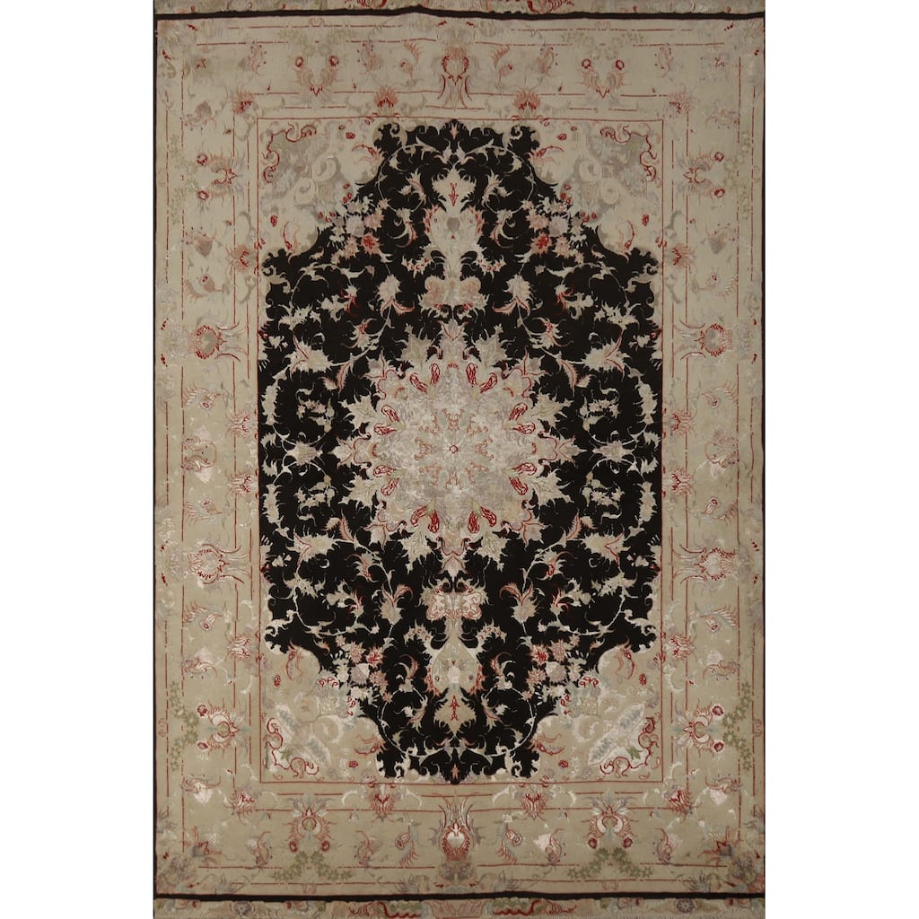 Hand Knotted Oriental Wool & Silk Carpet Traditional Floral Black Tabriz Area Rug - 7' 1'' X 4' 10''