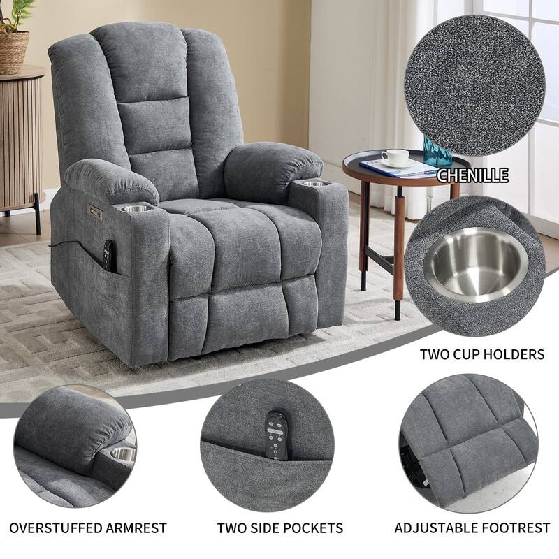 Large Power Lift Recliner with Massage & Heat - Heavy Duty Wide Recliner Chair for Elderly, USB/Type-C Charging, Cup Holders