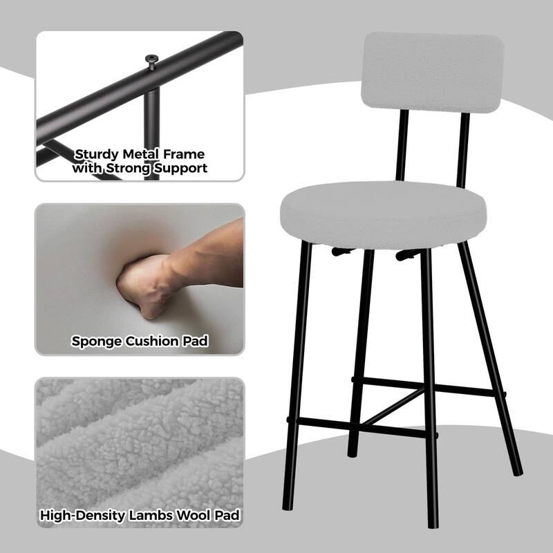 Boucle Upholstered Bar Stools Set of 2, Modern Counter Height Bar Chairs with High Back, Footrest and Metal Leg