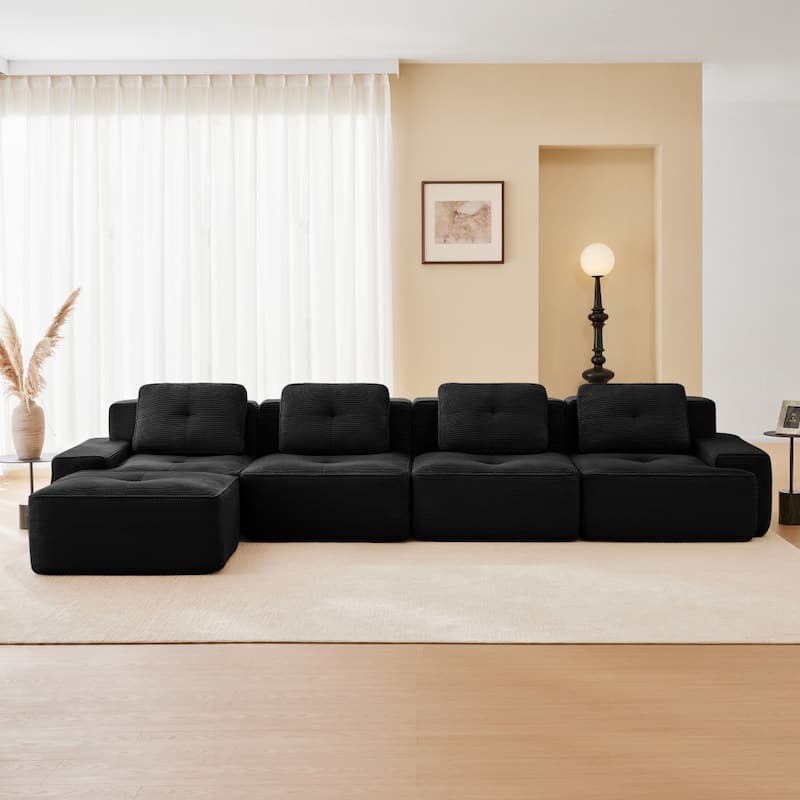 L-Shaped Premium Modular Corduroy Sectional Sofa with Movable Ottoman - Black
