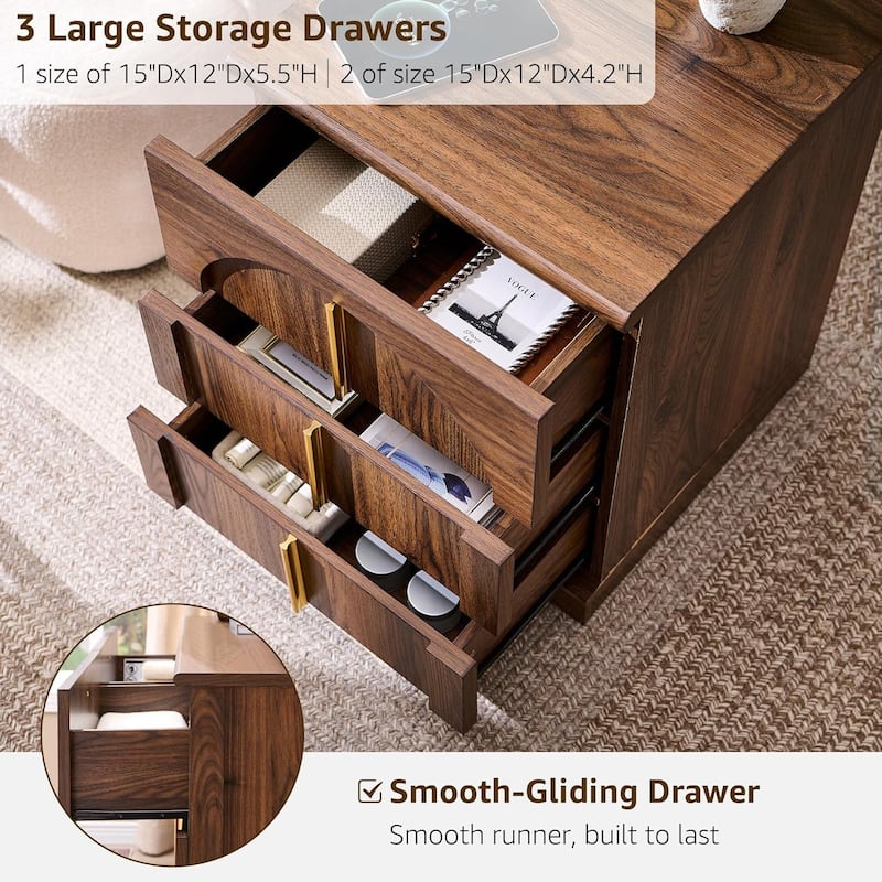 Modern Arched 3 Drawers Nightstand with Charging Station, Side Table