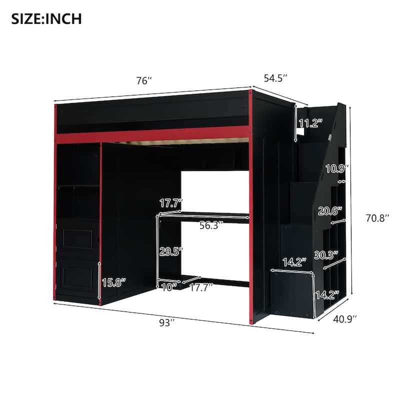 GDFStudio - Wooden Loft Bed with LED Desk, USB Ports and Dual Storage Drawers
