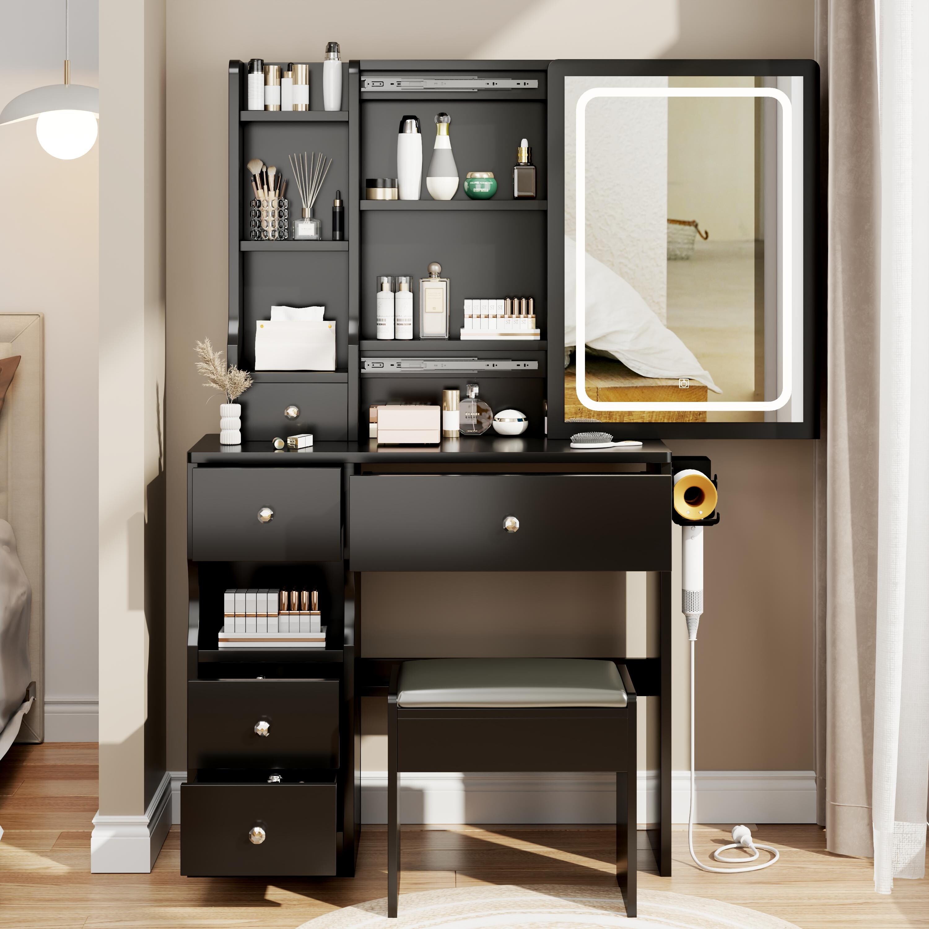 Small Space Vanity Table with Touch Control LED Mirror Built In Power Station Padded Stool 3 Lighting Modes Bed Bath Beyond 42399617