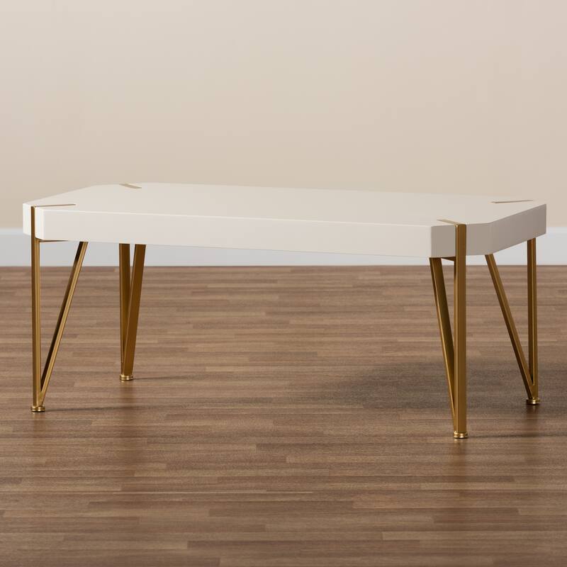 Kassa Glam Brushed Gold Metal and White Finished Wood Coffee Table