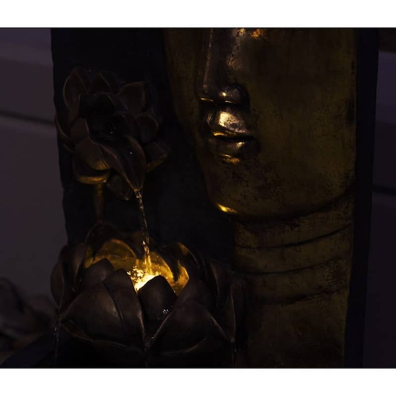 XBrand Cascading Lotus Buddha Face Indoor Outdoor Zen Water Fountain w/LED Light, 30 Inch Tall, Bronze and Natural Grey
