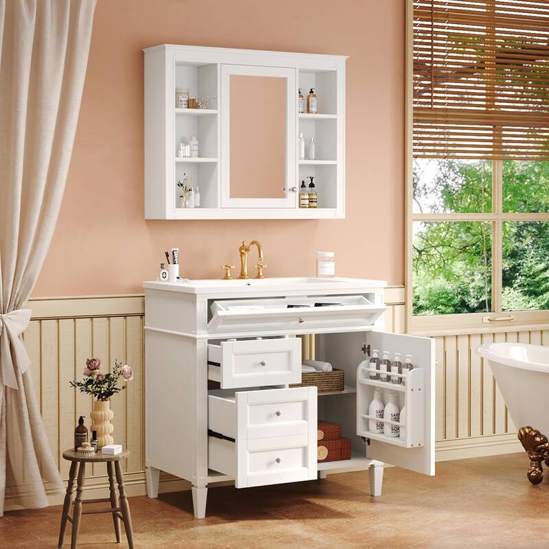 GDFStudio - Kendale Modern Bathroom Vanity Set with Resin Sink, Mirror Storage Cabinet with 6 Open Shelves & a Tip-out Drawer