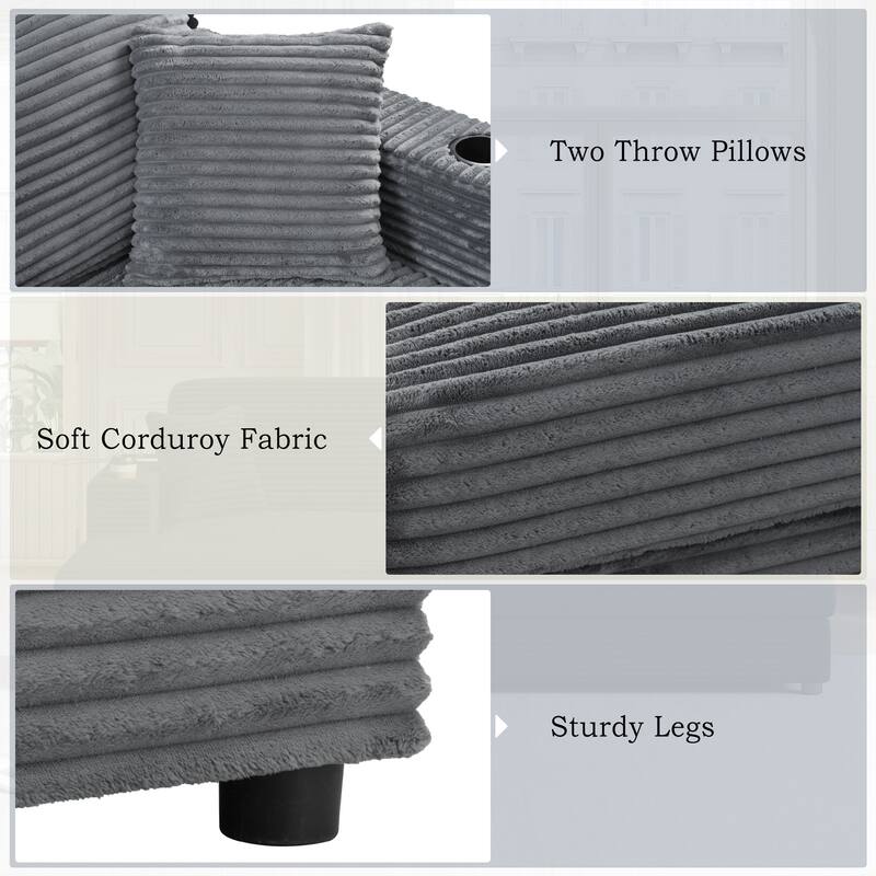 86.5" Corduroy Chaise Lounge Sofa with 2 USB Ports, Cup Holders, and 550lb Capacity