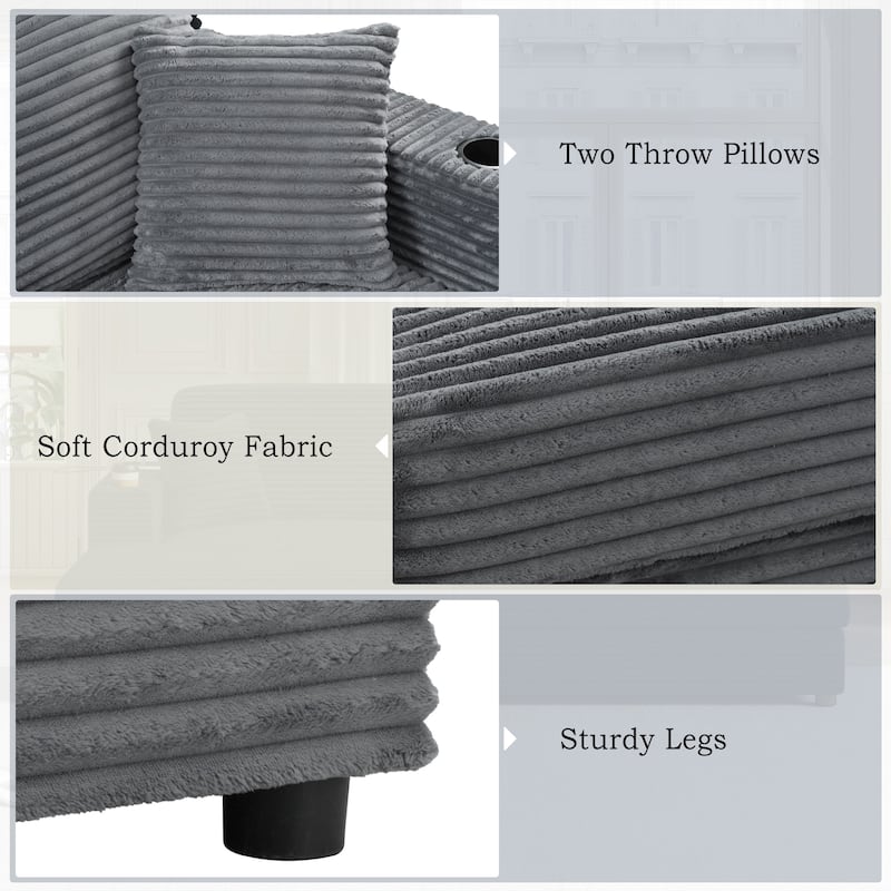 Modern Double Chaise Lounge Sofa with USB Ports and Cup Holders and Corduroy Upholstery for Living Rooms or Guest Spaces