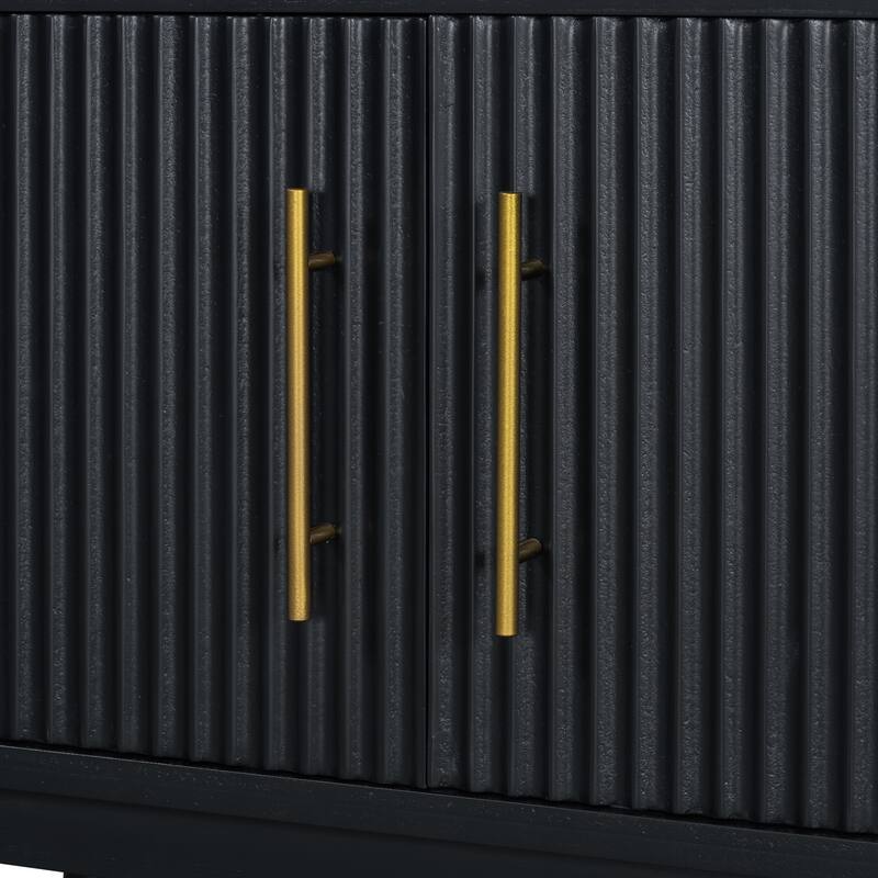 Roomfitters Stylish TV Stand with Vertical Striped Sliding Doors and Solid Wood Legs, Space-Saving TV Console or Side Cabinet