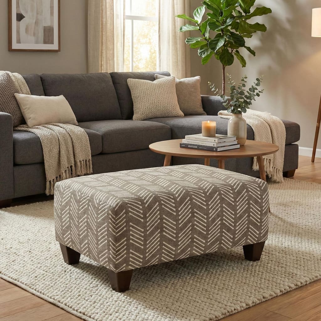 Roundhill Furniture Marvella Living Room Ottoman, Herringbone-Inspired Fabric Upholstery