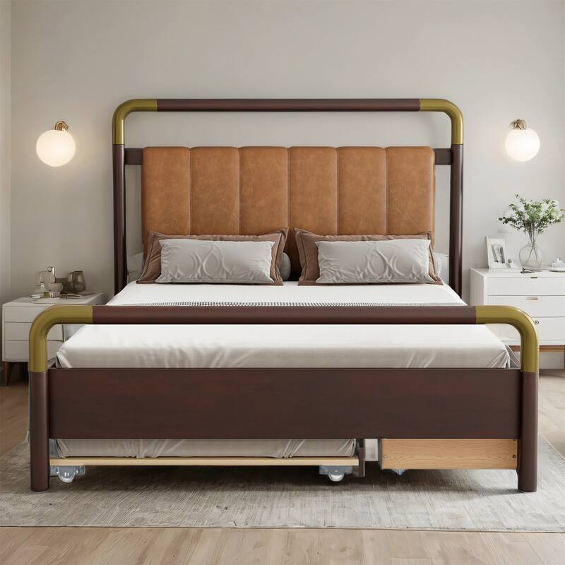Queen Size Wooden Platform Bed w/ 2 Storage Drawers, T-XL Size Trundle