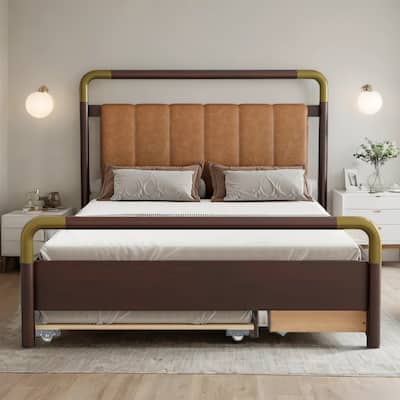 Queen Size Wooden Platform Bed w/ 2 Storage Drawers, T-XL Size Trundle
