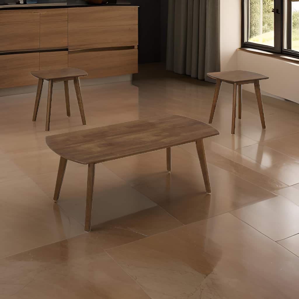 Indy 3 Piece Coffee and End Table Set, Angled Legs, Walnut Brown Solid Wood