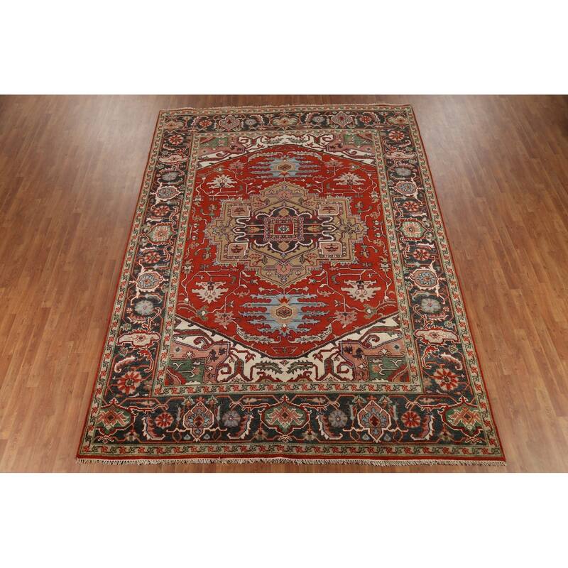 Geometric Heriz Serapi Indian Area Rug Hand-Knotted Wool Carpet - 8'9"x 11'11"