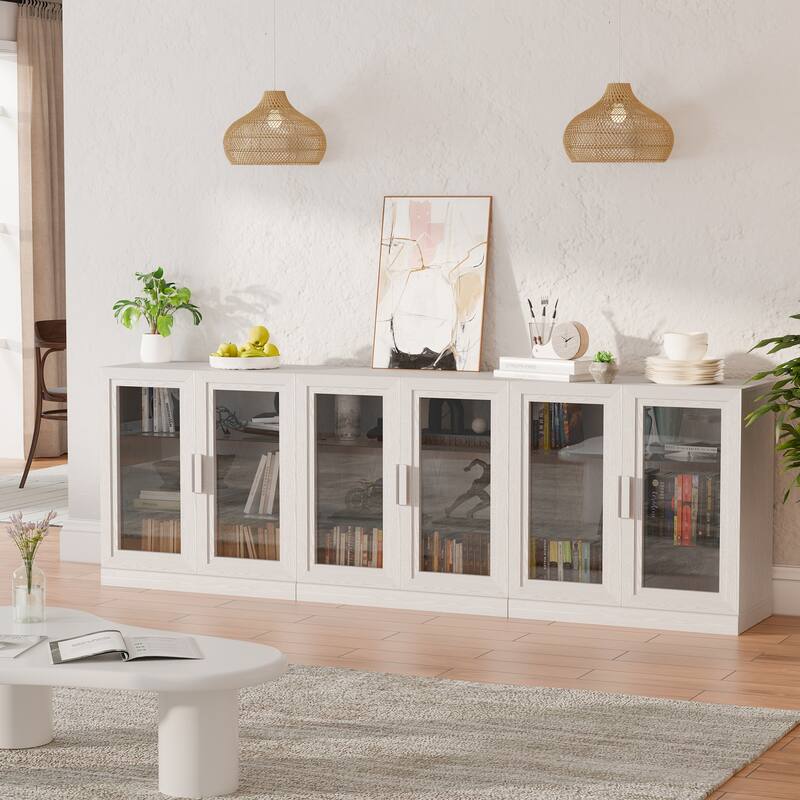 3-Set Glass Door Sideboard Buffet Storage Cabinets with Adjustable Shelves - 93"Lx31"H - White