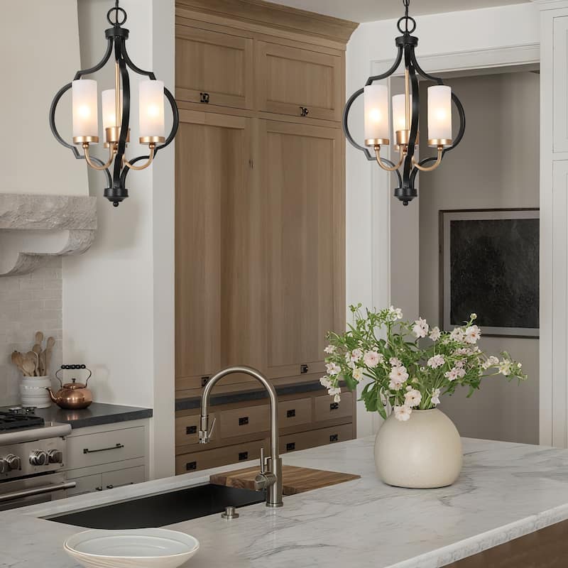 Malryn Modern 3-Light Black Gold Chandelier Frosted Glass Kitchen Island Light
