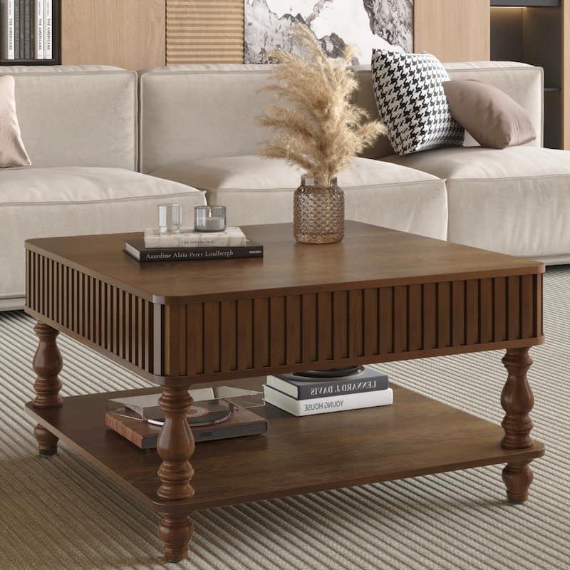 31.5 Inch Square Fluted Lift-Top Coffee Table with Hidden & Open Storage
