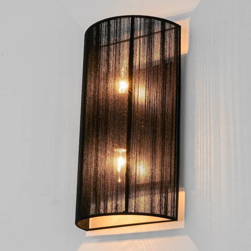 2-Light Modern Boho Natural Ivory/Black Hand-Woven Rope Fabric Flush Mount Wall Sconces - Black - 2 Light