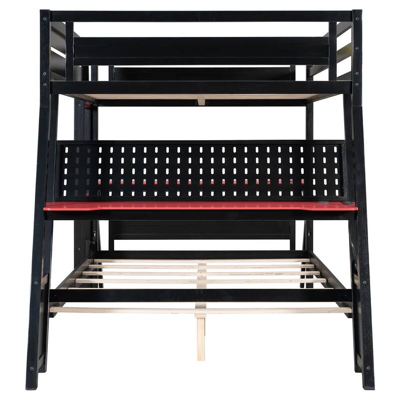 Gaming Bunk Bed Two Built-In Gaming Desks Each Side Loft Bed with USB Desktop Ports and Pegboard Organizer for Gaming Room Gamer