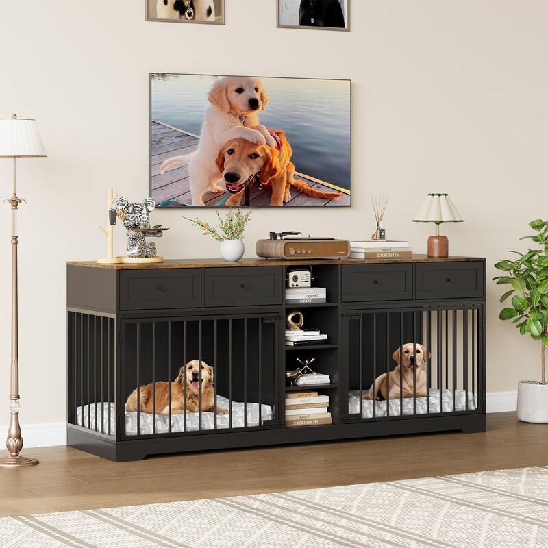 Wooden Dog Cage Crate Furniture TV Stand Large Dog Kennel with 4 Drawers and Shelves for 2 dogs