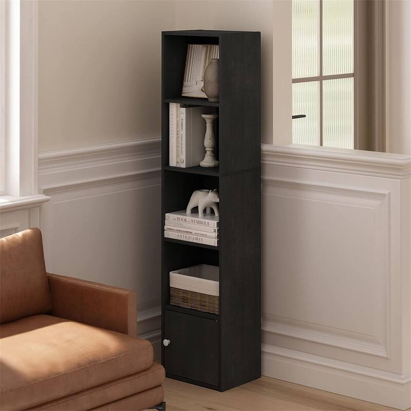 Luder Shelf Bookcase with 1 Door Storage Cabinet, French Oak - 9.3"D x 12"W x 52.1"H