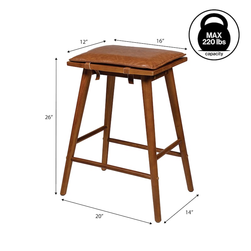 Saddle-Seat Backless Stool, Wood & Vegan Leather w/ Removable Cushion - JONATHAN Y