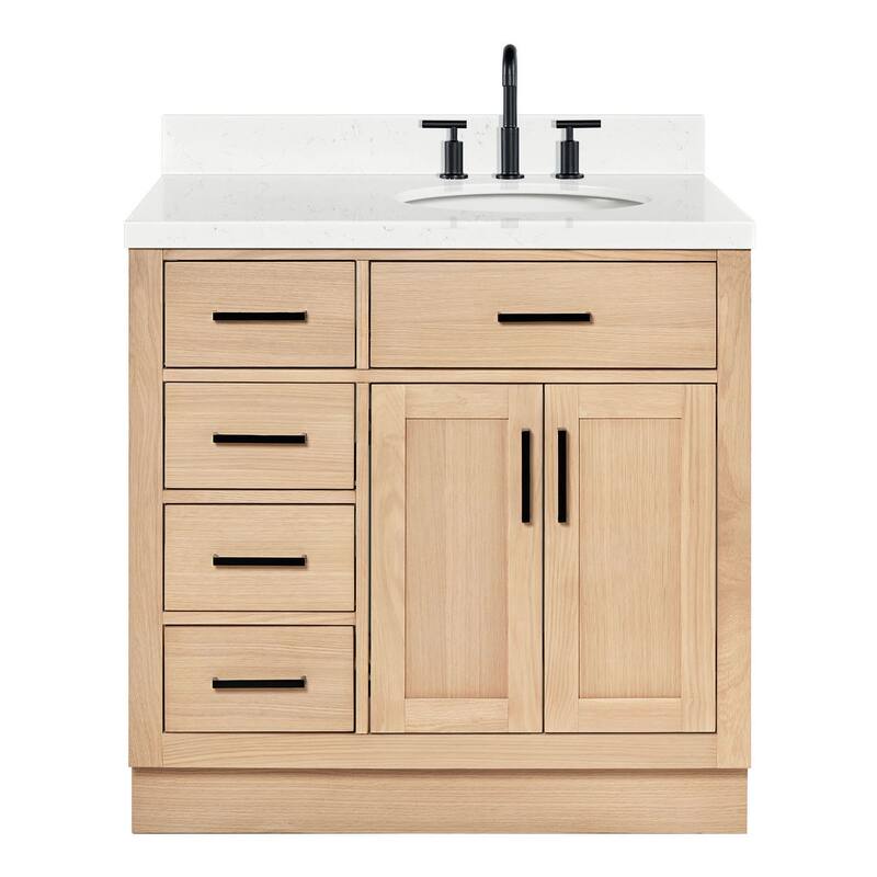 Ariel T036SRCQOVO Hepburn 36" Free Standing Single Basin Vanity Set - Oak / Carrara White Quartz Top / Matte Black