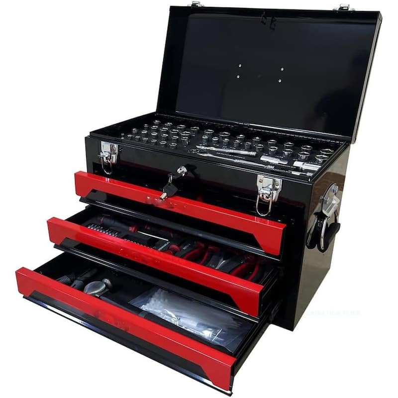 Utility Tool Box with Tool Set, 3 Drawers Metal Toolbox with Ball-Bearing Drawer Slides Safe Lockable Tool Storage Cabinet - black+red