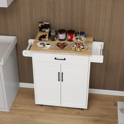 White Farmhouse Kitchen Island Cart with Drawer, Adjustable Shelves & Wheels