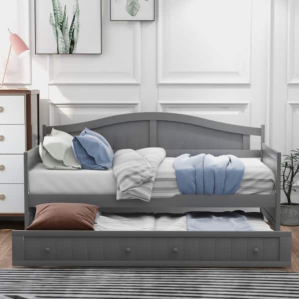 slide 2 of 12, Classic Twin Daybed Frame Arched Backrest Sofa Bed with Trundle Wood Slat Support No Box Spring Needed for Bedroom - Grey Grey- Trundle - Twin