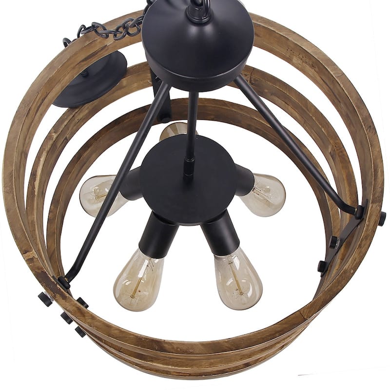 Modern Farmhouse 5-Light Drum Wood Chandeliers Cage Pendant Light for Dining Room - 18" D x 23" H