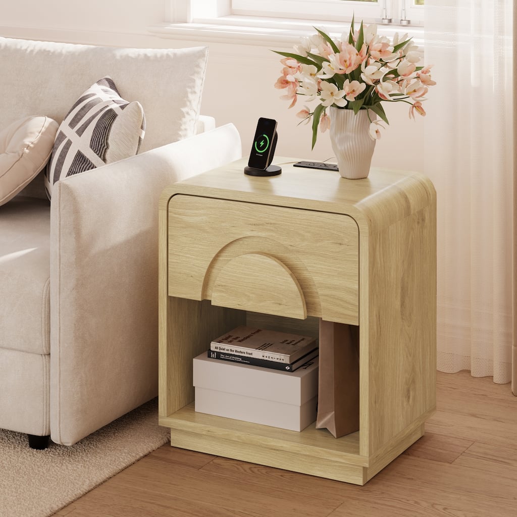Bestier Nightstand with Charging Station, Modern LED End Table Bedside Table with Drawer & Open Shelf for Bedroom & Living Room
