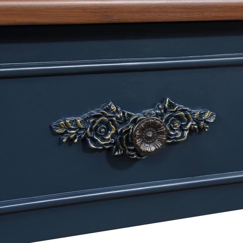 Anmytek Retro Curved Wood Console Table, Navy Blue Wood Top Solid Wood Entry Table with Open Shelf and 2 Drawers