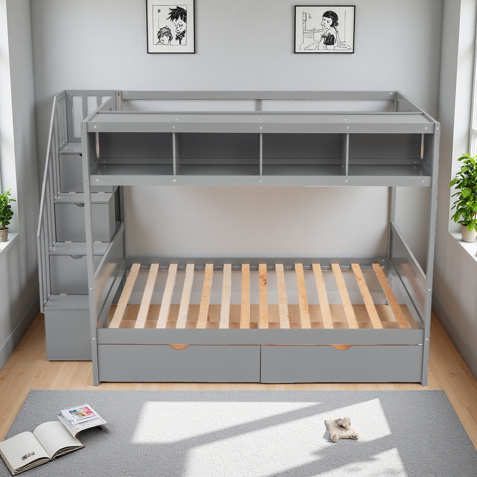 Twin Over Full Solid Wood Bunk Bed with Storage Staircase, 2 Drawers and Shelf