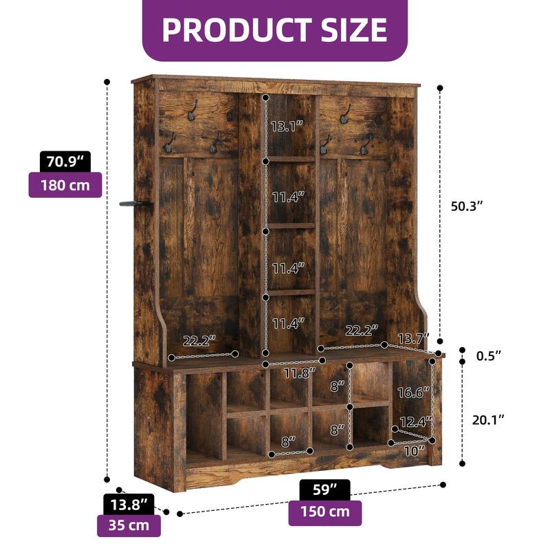 Moasis 39"/59" Farmhouse Hall Tree Bench Shoe Storage Coat Rack for Entryway with Adjustable Shelf