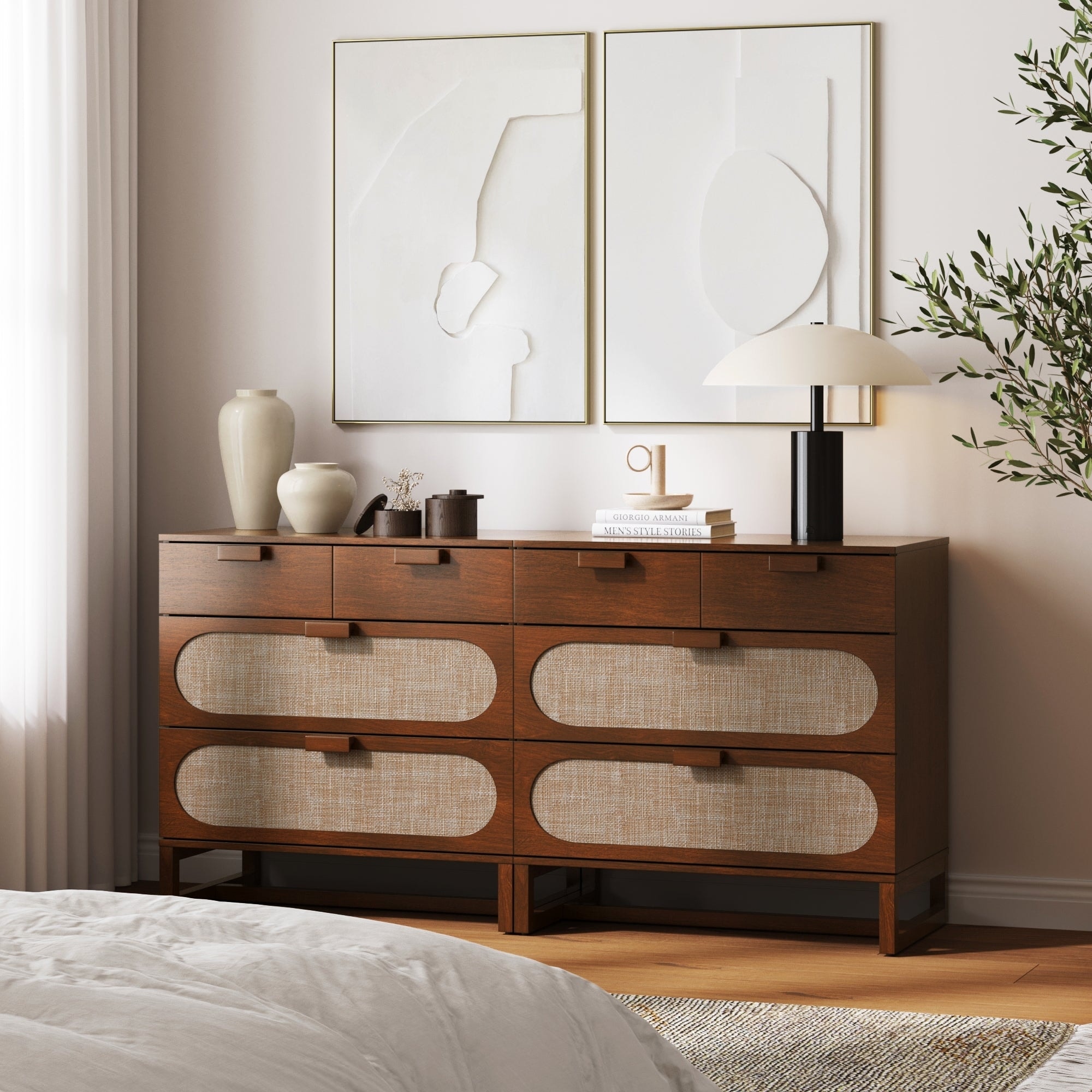 modern chic dresser Baxton Studio Hildon Mid-Century Modern White and Walnut Wood 6-Drawer Storage Dresser