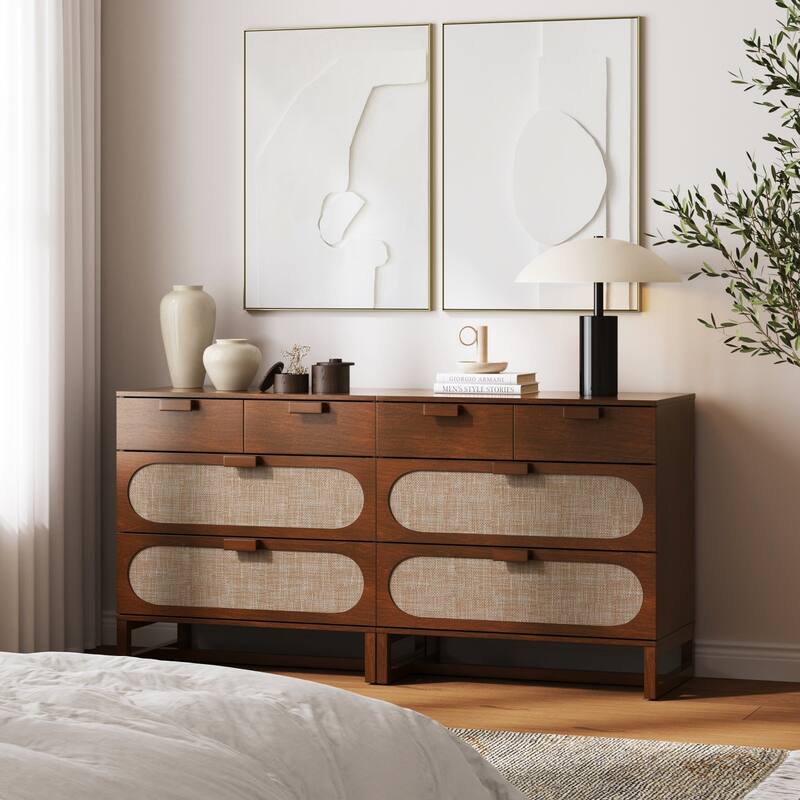 Paxton Mid-Century Modern 3-Drawer Dresser with Solid Wood Frame and Rattan Accent