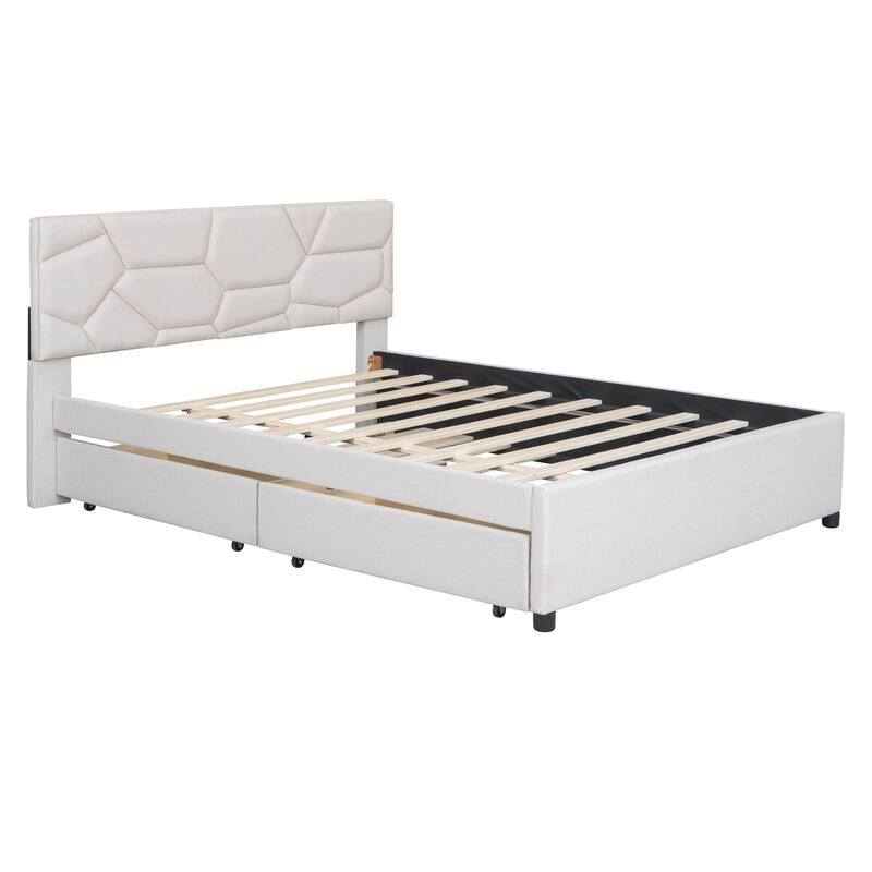 Full/Queen Size Upholstered Platform Bed with Stylish Brick Pattern Headboard, Trundle & 2 Drawers, Linen Fabric Comfort