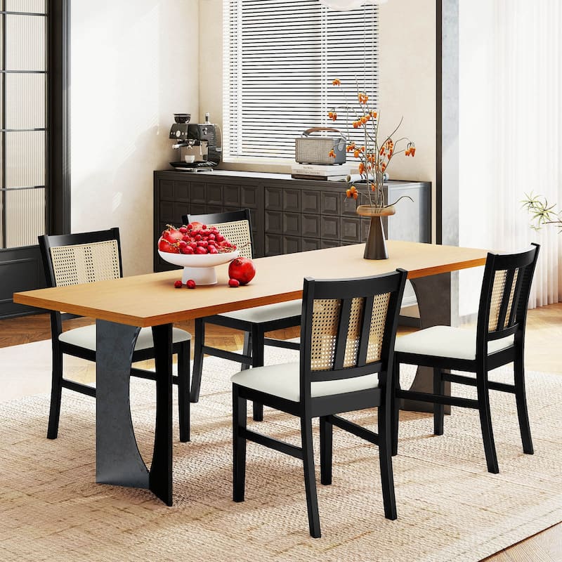 Costway Farmhouse Rattan Dining Chair Set of 2/4 Fabric Upholstered