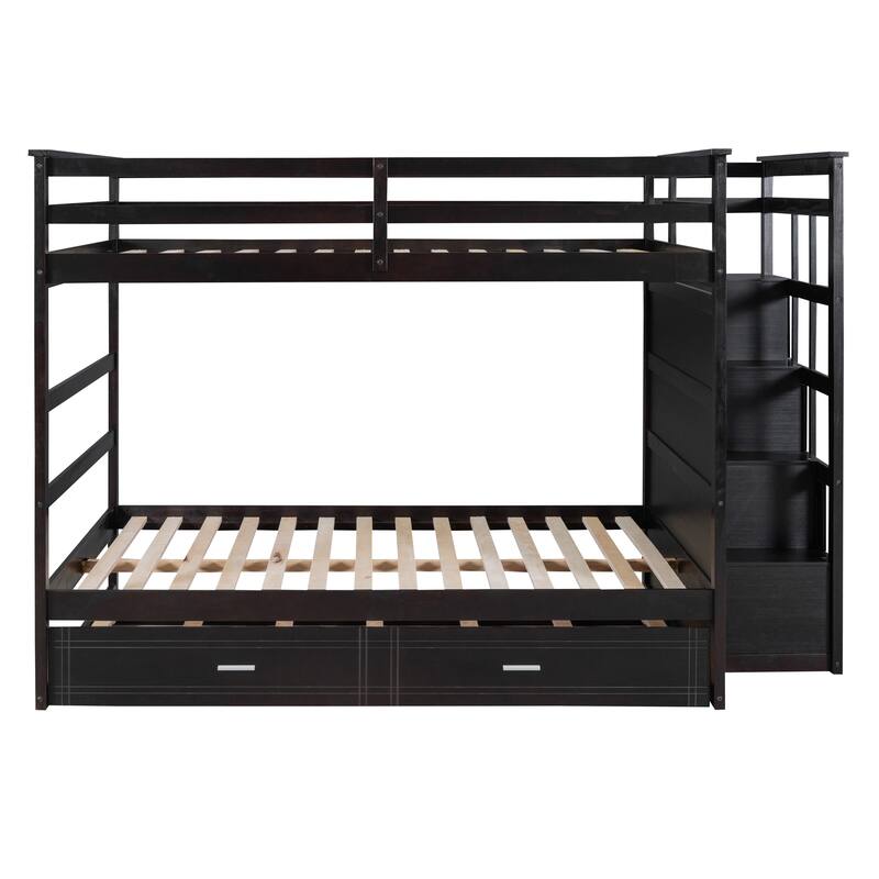 Twin-Over-Twin Bunk Bed with Trundle and Storage Drawers, Sturdy Wood Frame