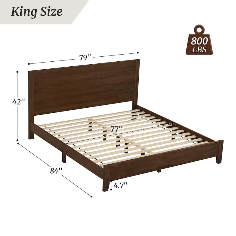 Mid-Century Modern Solid Wood Platform Bed with Headboard Queen/King/Full Size