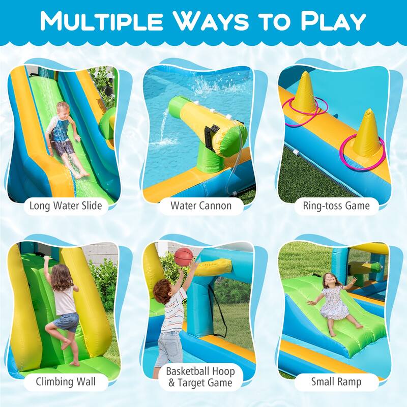 Large Outdoor Inflatable Water Park Slide with Climbing Ramp Basketball Hoop and Ring Toss for Kids