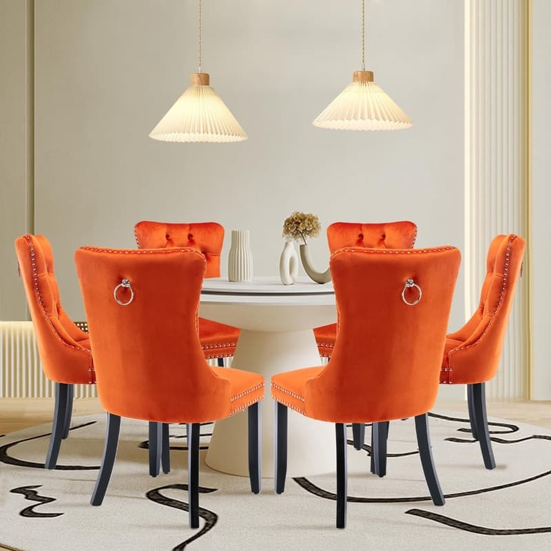 Tufted Naliheads Solid Wood Upholstered Dining Chairs Set of 6 - Orange BlackLegs